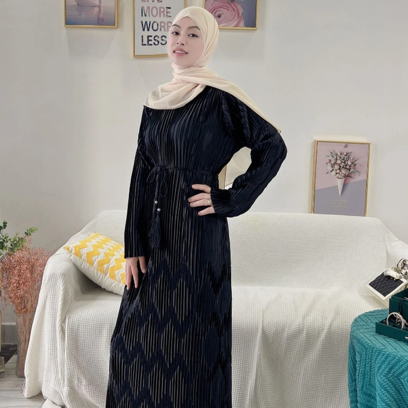 Women's Long Sleeve Dress with Belt, Muslim Abayat, Pleated, Monochromatic, Slim, Dubai, Abayat, Fashion, New, 2022