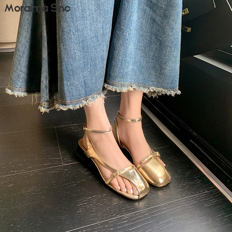 

Hollow Leather Design Sandals Niche Silver Thick Heel Low Heel Half Toe Sandals Summer Fashionable Temperament Women's Shoes