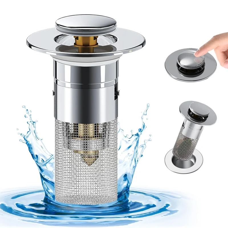 Bathroom Sink Stopper Hair Catcher Sink Drain Strainer Pop Up Sink Filter with Removable Stainless Steel Basket Hair Catcher