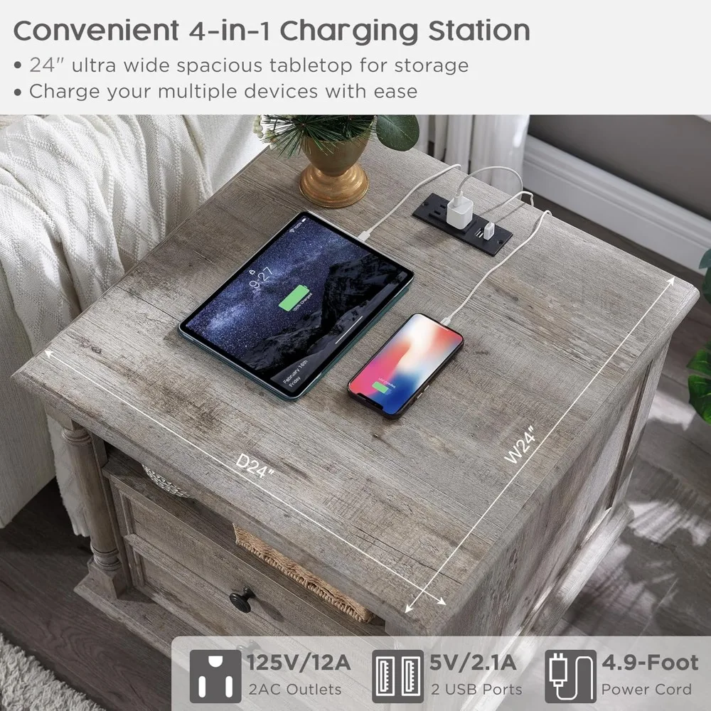 24'' Farmhouse End Table w/4 Solid Wood Feet, Large 2 Drawers Wide Sofa Side Table with Charging Station, Tall Rustic Wood Squa 3