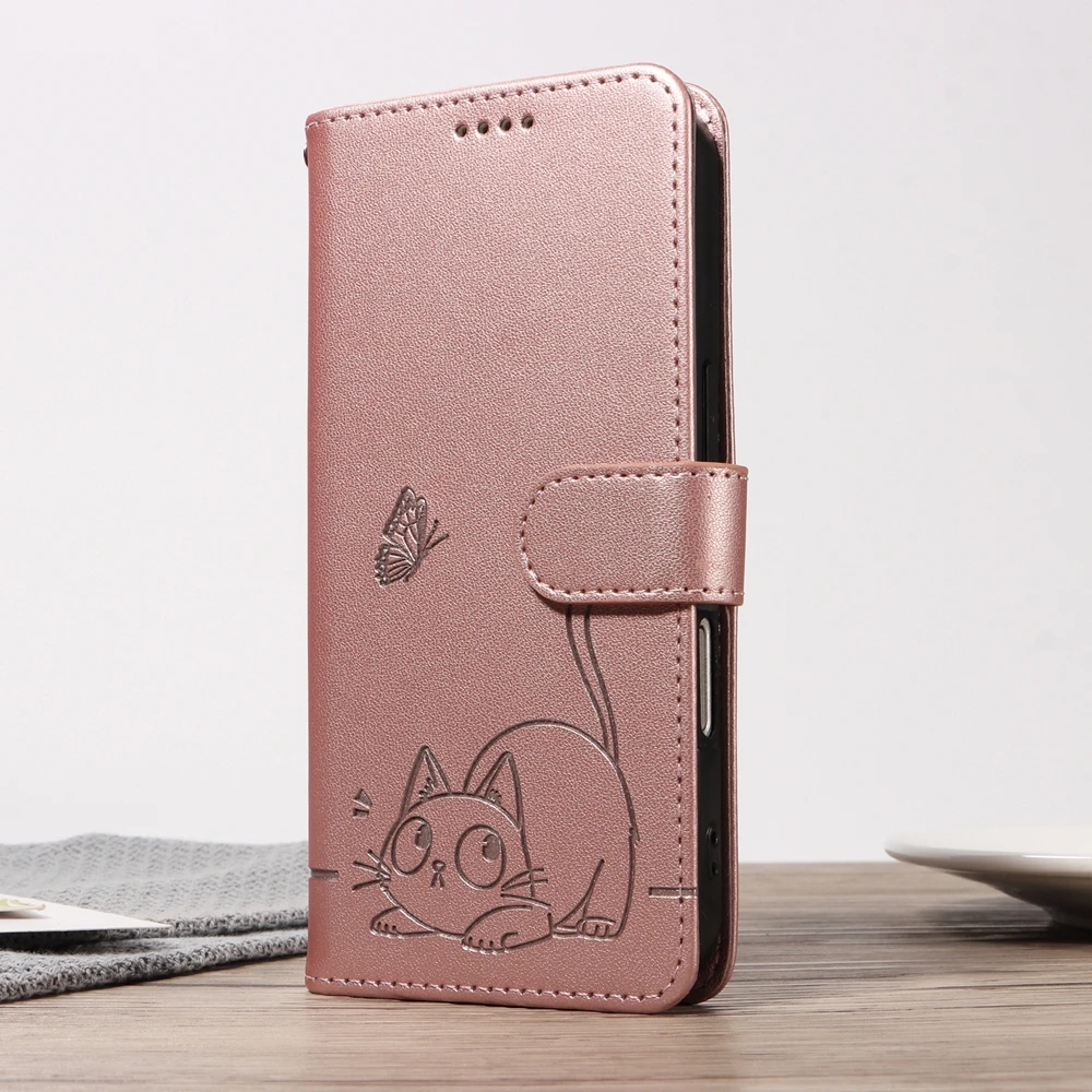 Premium Magnetic Leather Wallet Case with Cat and Butterfly Embossed Design
