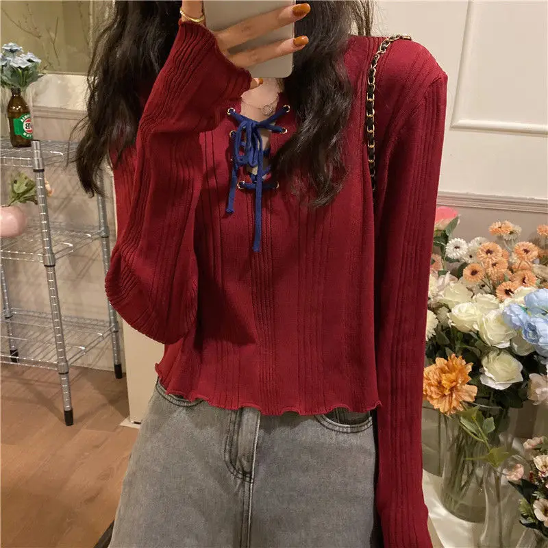 

Red Spring Fall Japan Bandage Cardigans Long Sleeve Sweater Loose Coat Casual Cloth Girl Jacket V-neck Tops Clothes for Women