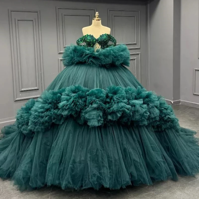 

Blackish Green Princess Quinceanera Dress Off The Shoulder Ball Gown Crystal Beading Tull Corset Sweet 16 Vestido 15 De Años