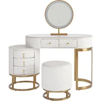 Premium White Faux Leather Vanity Desk Set with Integrated LED Mirror, Comfy Stool and Multifunctional Drawers, White desk 1