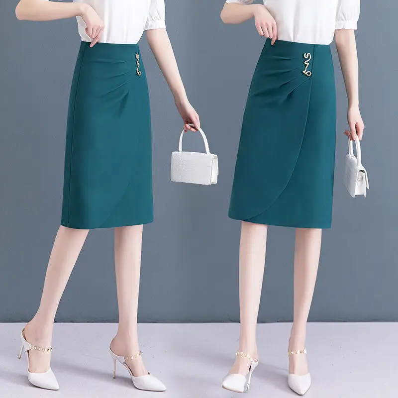 

2024 New Arrivals Women's High-Waisted Suit Skirt, Midi Length One-Step Pencil Skirt with Slit, Solid Color and Zipper Q114