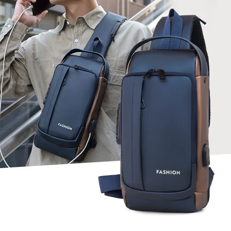 

USB Charging Waterproof Casual Chest Bag Men Multifunction Aniti-theft Crossbody Bag Patent Leather Travel Chest Bag Pack Male