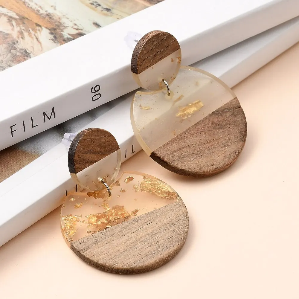 5Pairs Resin Walnut Wood Dangle Stud Earrings with Gold Foil Steel Pin Round Earring Stud Base Connectors for Jewelry Making DIY