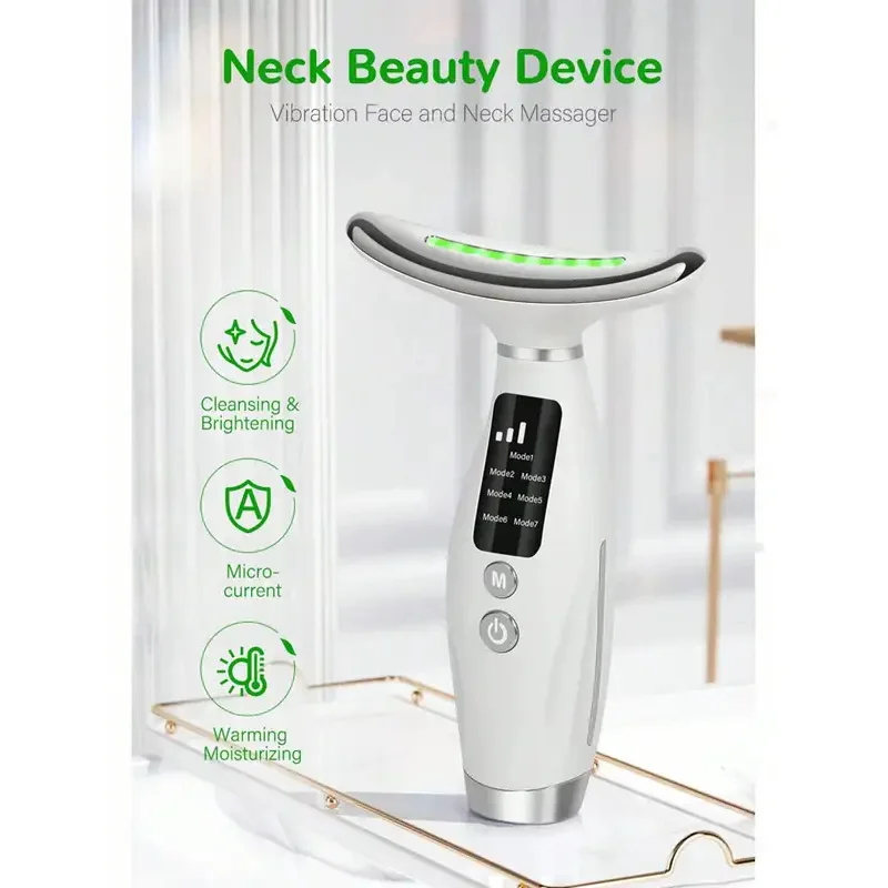 Appareil de beauté pour le cou avec mode d'éclairage coloré pour le visage et 7 vitesses de réglage, doté d'une poignée ergonomique._voghion.com