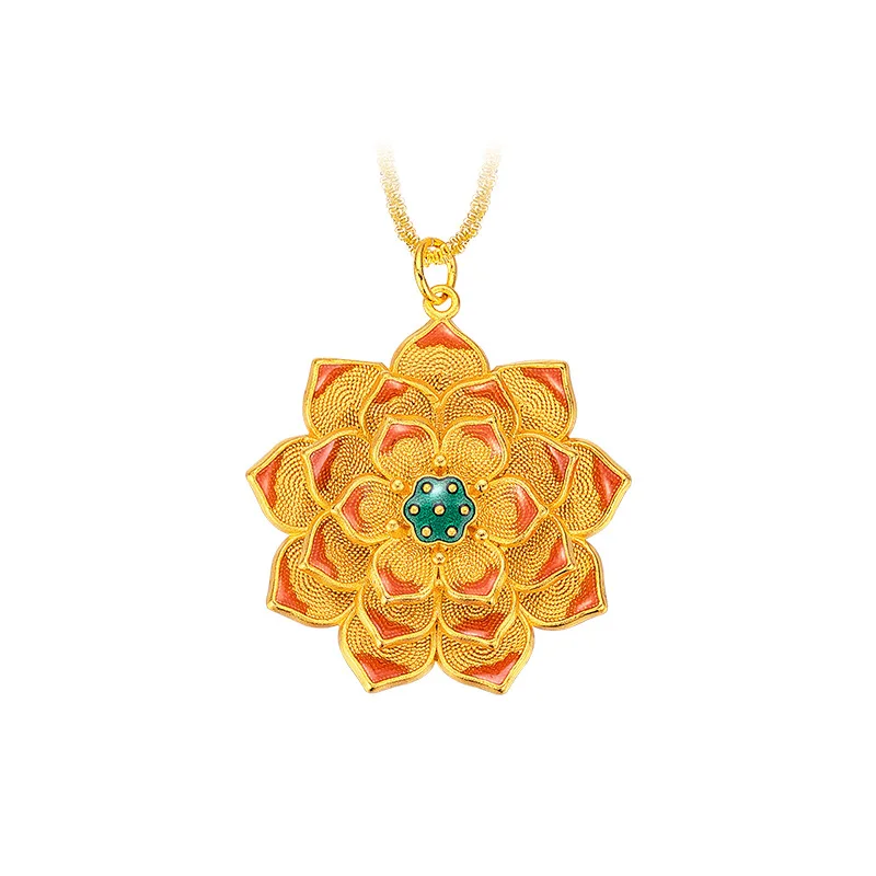 Pure 999 Gold Necklace Vintage Enamel Big Lotus Girl Clavicle Necklace Female 18k Lucky Gold Bead Pendant Valentine's Day Gifts