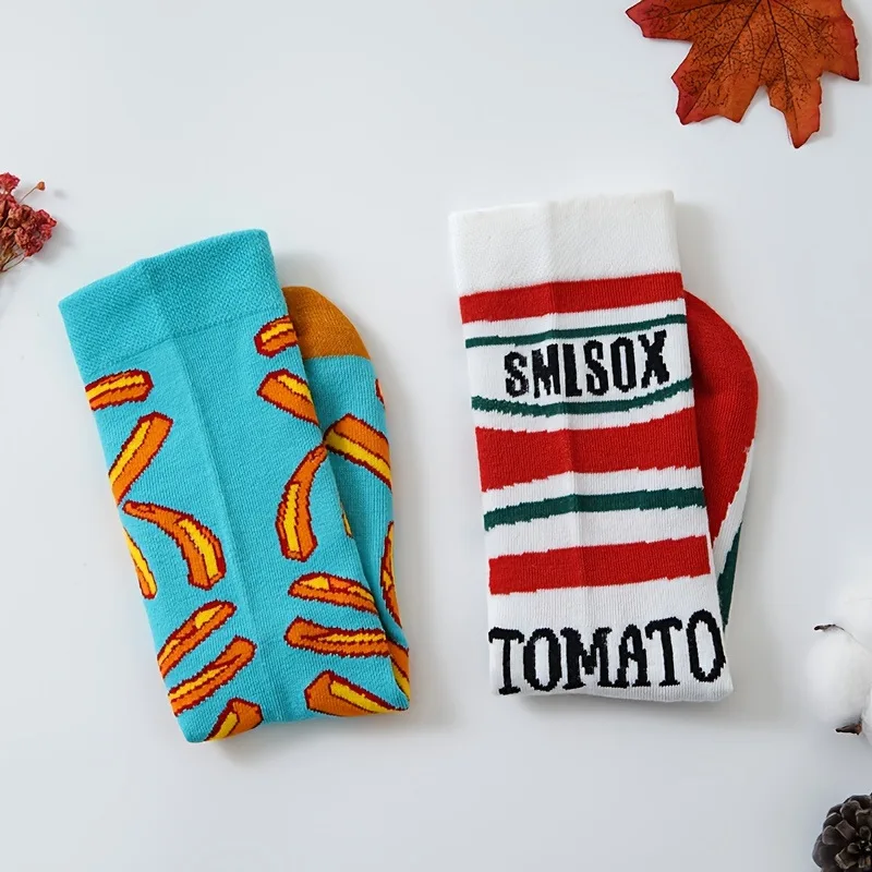 2 Paar lustige Unisex-Socken mit Tomaten-Ketchup- und Pommes-Frites-Aufdruck, mittelhohe Socken, modische Sport-Baumwollsocken, geeignet für alle Jahreszeiten – Detail 8