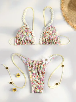 Floral Print Bordered Bikini Set Sexy Swimwear Women 2026 Bikinis Swimsuit Micro Thong Bandage Bathing Suits 1