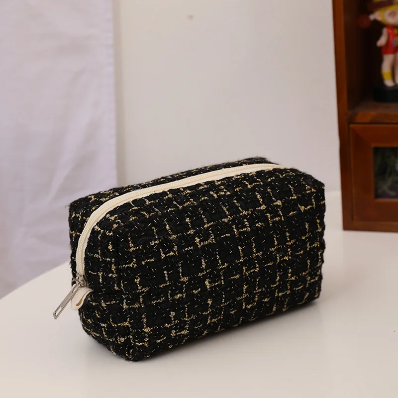 

Black Canvas Plaid Travel Cosmetic Lipstick Storage Bag Cute Girls Makeup Handbags Organizer Stationery Pencil Cases Pouch Bag