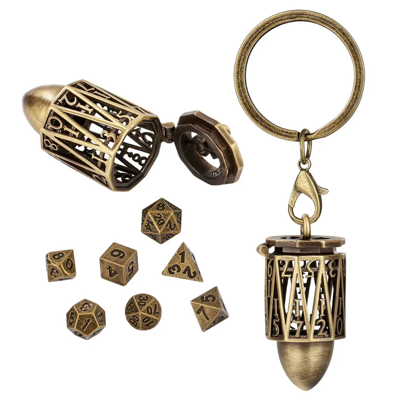 Portable Key Chain with Hollow D20 Metal Case Tiny 7pcs Polyhedral Metal Dice Set Gaming Dices Storage Case Necklace Chain