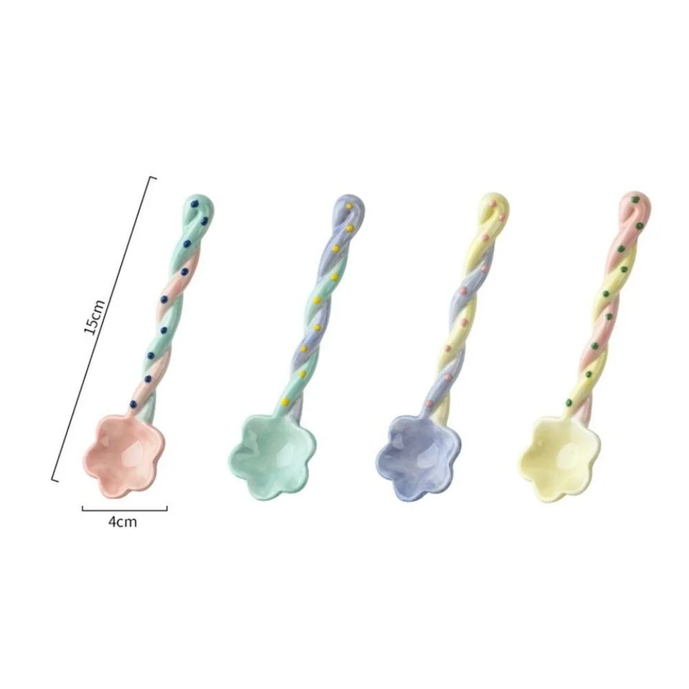 Ceramics Long Handled Spoon Instagram Style Household Stirring Spoon Hand Painted Flower Shaped Coffee porcelain spoon