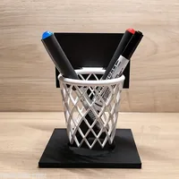 3D Printed Basketball Hoop Pen Holder, Desktop Stationery Organizer with Black Base & White Mesh, Space-Saving Office Desk Decor 2