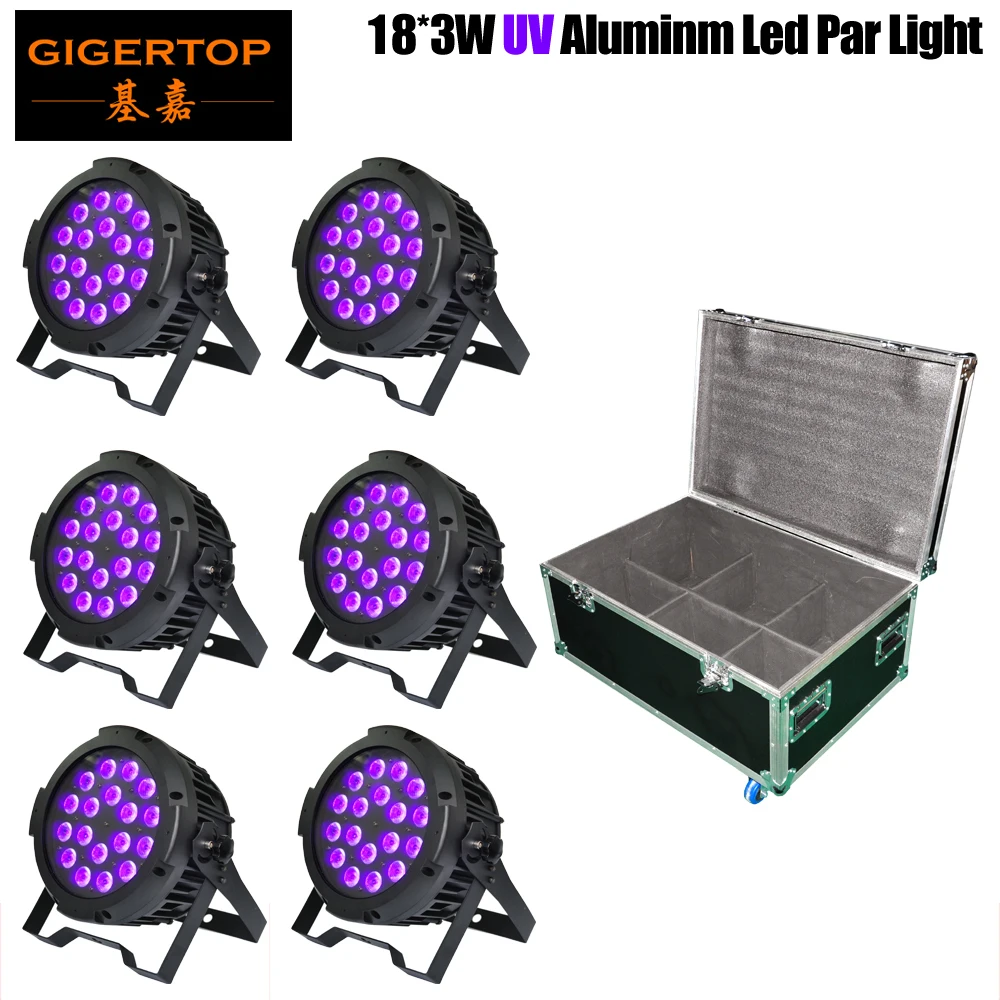 

6 в 1 Flightcase Pack 18x3 Вт истинная мощность Tyanshine Ультрафиолетовый бесшумный светодиод Par 64 банки литой алюминиевый корпус 2 канала DMX