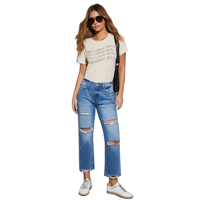 

Summer Thin Breathable Slim Straight Ripped Jeans Women's High Waist Slim Fashion Versatile Nine-Point Pants for Small People