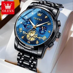 Luxury Moon Phase Quartz Chronograph Watch for Men - Flywheel Design, Waterproof, Luminous, with Calendar (Black Blue)