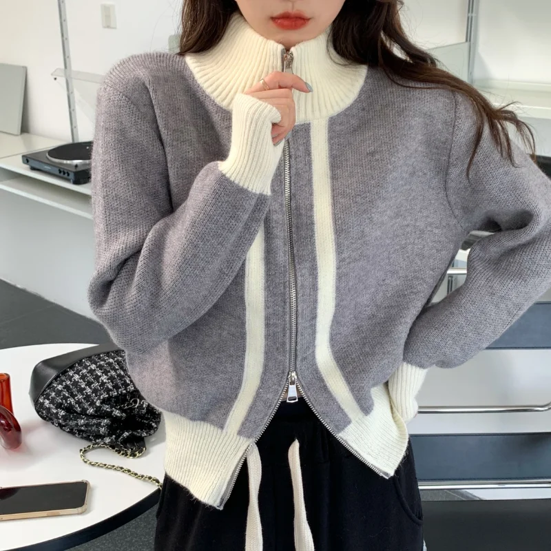 

Cropped Grey Double Zip Knitted Cardigan Outwear Contrast Turtleneck Sweater Jacket Pull 2023 Women Clothes Casual Sueters Knit