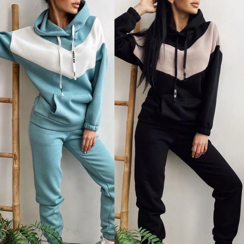 Women Set Hoodie Pants Set Hooded Drawstring Autumn Sweatshirt Winter Women Contrast Color Sweatshirt Pockets Pants for Sports