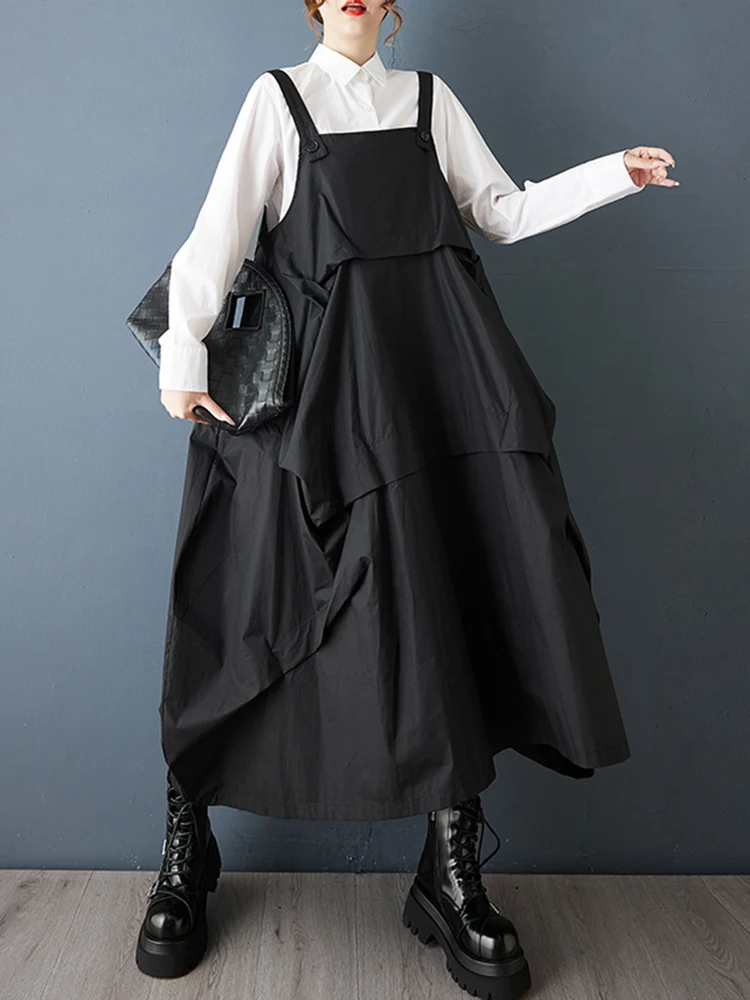 2025 Spring Autumn New Black Vintage Straps Dresses For Women Sleeveless Pleated Loose Casual Dress Robe Elegant Fashion Clothes
