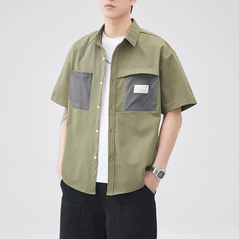 Men's Clothing Short Sleeve Shirt Contrast Color Cardigan Button Turn-down Collar Streetwear All-match Korean Summer Tops
