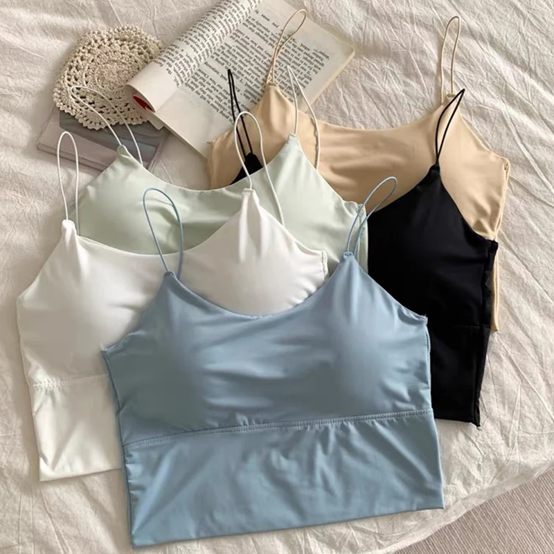 Description Picture 6 of itemSummer Bra Ice Silk Crop Tops Sports Spaghetti Strap Vest Top Women Sexy Built In Bra Off Shoulder Sleeveless Camisole Underwear
