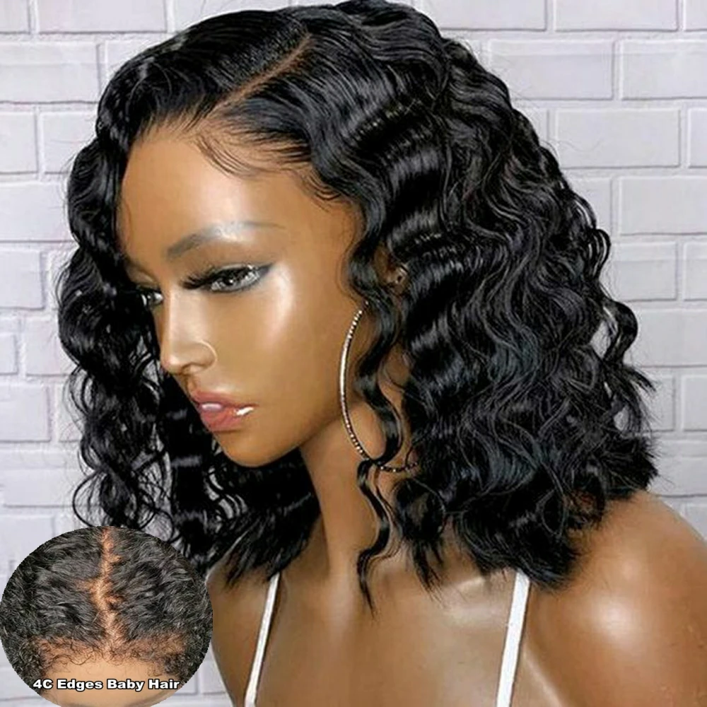

4C Edges Natural Hairline Deep Wave Bob Wig 13X4 Lace Frontal Wig Human Hair Wig For Black Women Preplucked With Curly Baby Hair