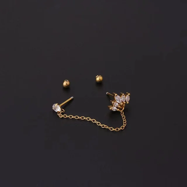 Boucles d'oreilles tendance en acier inoxydable pour femmes, 1 pièce, chaîne à Double perçage, fleur coréenne, Zircon, clous de perçage, bijoux à la mode