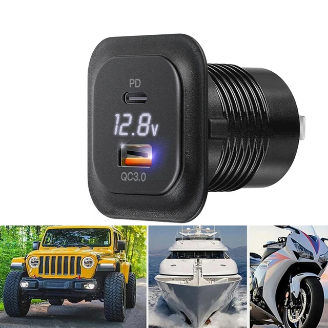 Car Charger QC3.0 and PD Type C Two USB Car Charger Socket With Voltmeter Quick Charge Adapter for Truck Motorcycle RV Marine 6