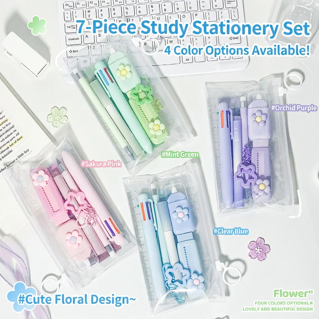 7-Piece Multifunctional Student Stationery Set Cute Aesthetic Back to School Supplies Kit for Note Taking Daily Study Prize