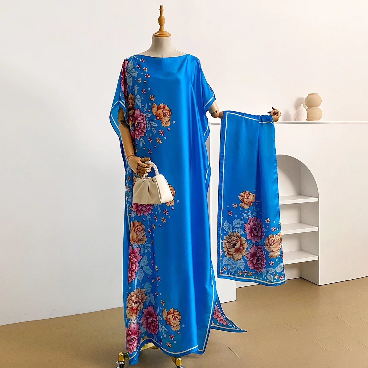 NEW Fashion Summer Dress With Big Scarf Dubai Turkey Kaftan Muslim Loose Abaya Women African Casual Maxi Flower Shawl Robe
