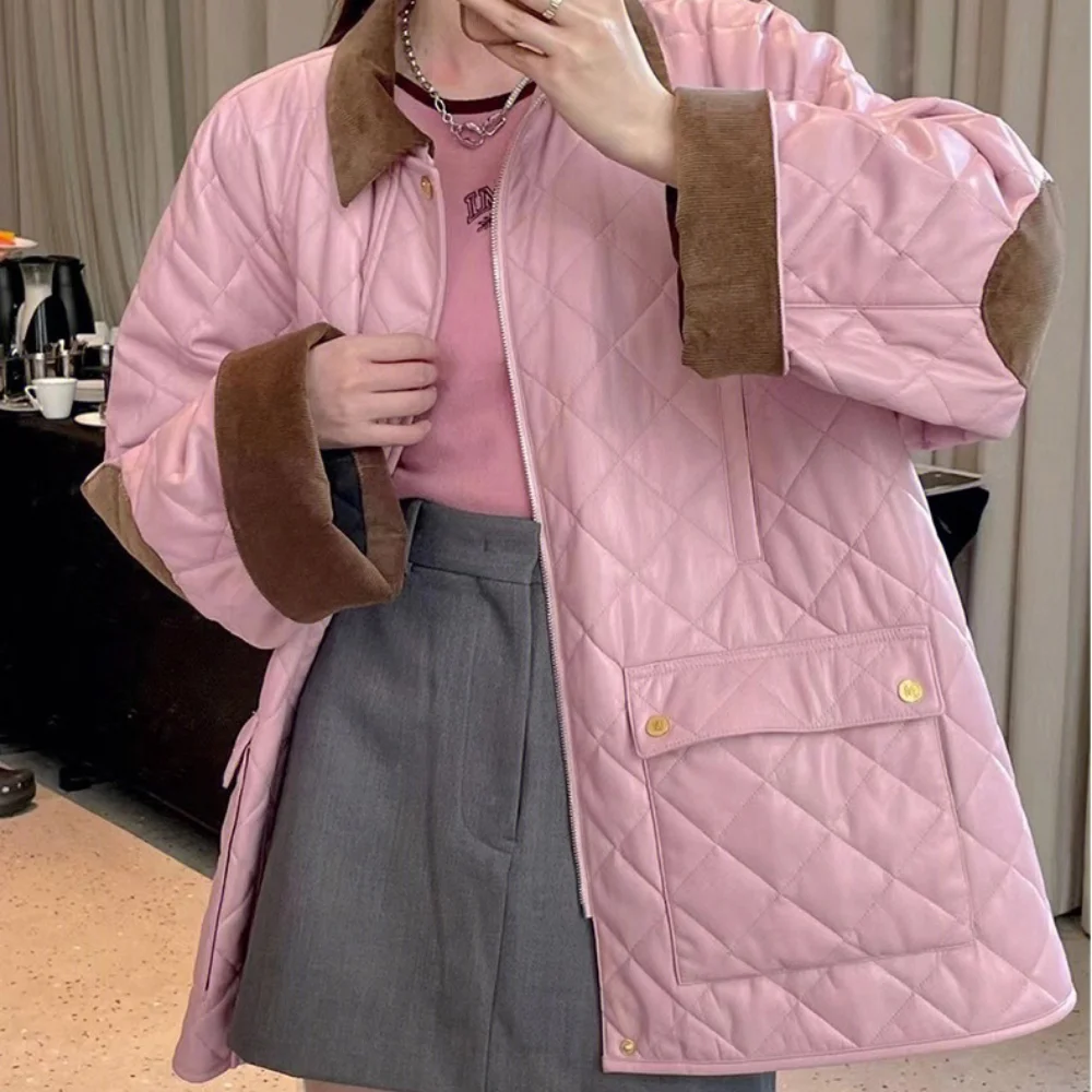 다이아몬드 무늬 체크 무늬 단백질 가죽 패딩 재킷 여성용, 가을 겨울 신상