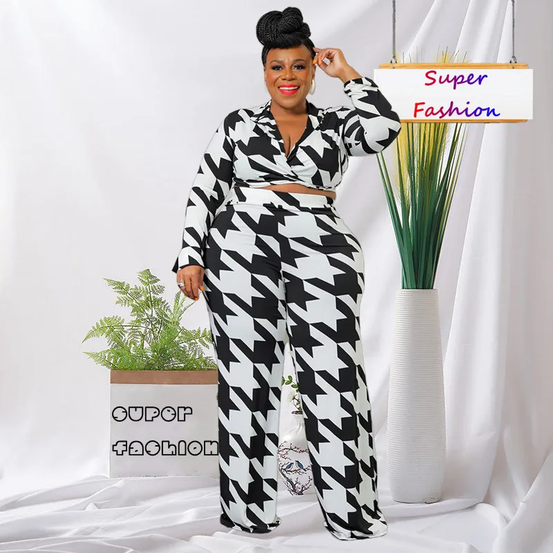 

L-4XL 2022 Fall Plus Size Women Clothing Long Sleeve Turn Down Collar Printing Street Sexy Two Piece Sets Pant Suit Dropshipping