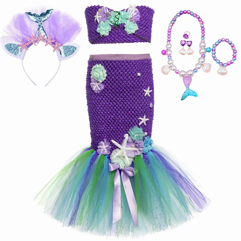 Conjunto de falda tutú de sirena con cola de pez para niñas + falda de tul, ropa de cumpleaños para niños, conjunto de disfraz de tutú largo de princesa sirenita