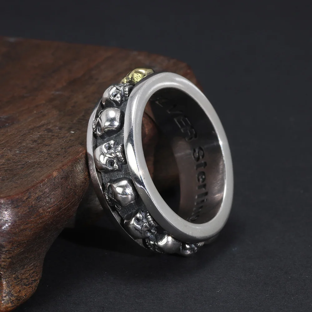 ハンドメイド925シルバー スカル回転リング メンズヴィンテージ風 男性用925スターリングシルバースカル回転スカルメンズリングレトロ