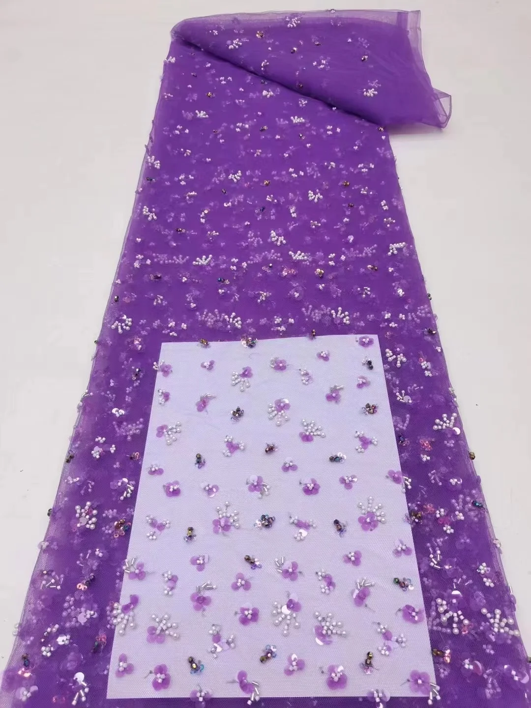 

2023 Purple 3D French tulle embroidery sequin bead tube embroidery, high-end children's dress catwalk design fabric/5yards