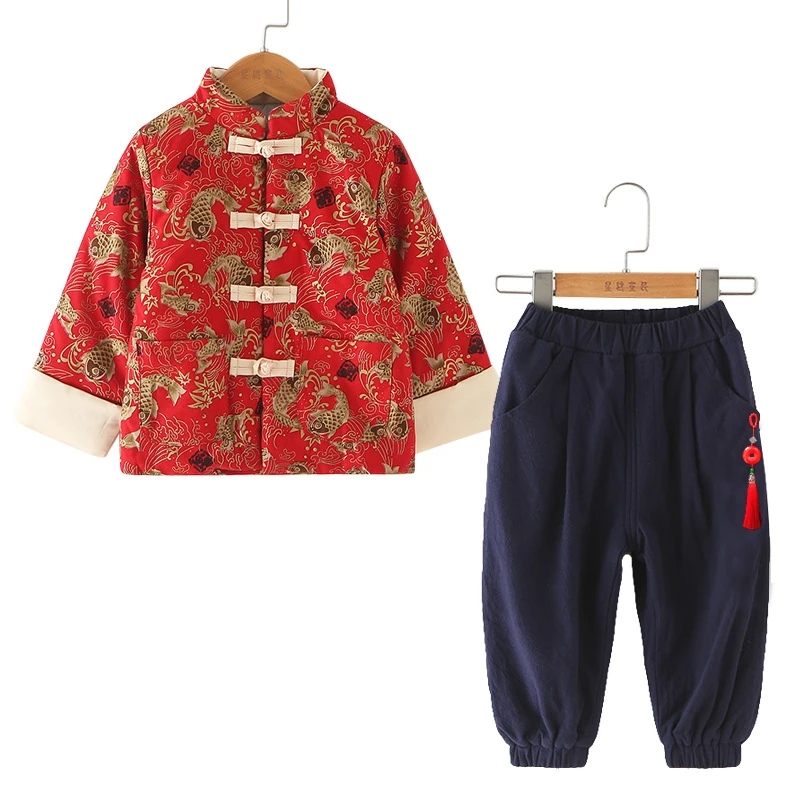 New Year Tang Suit Chinese Traditional Clothing for Kids Baby Hanfu 2Pcs Sets Cotton Long Sleeve Embroidery Winter Boy Girl Gift