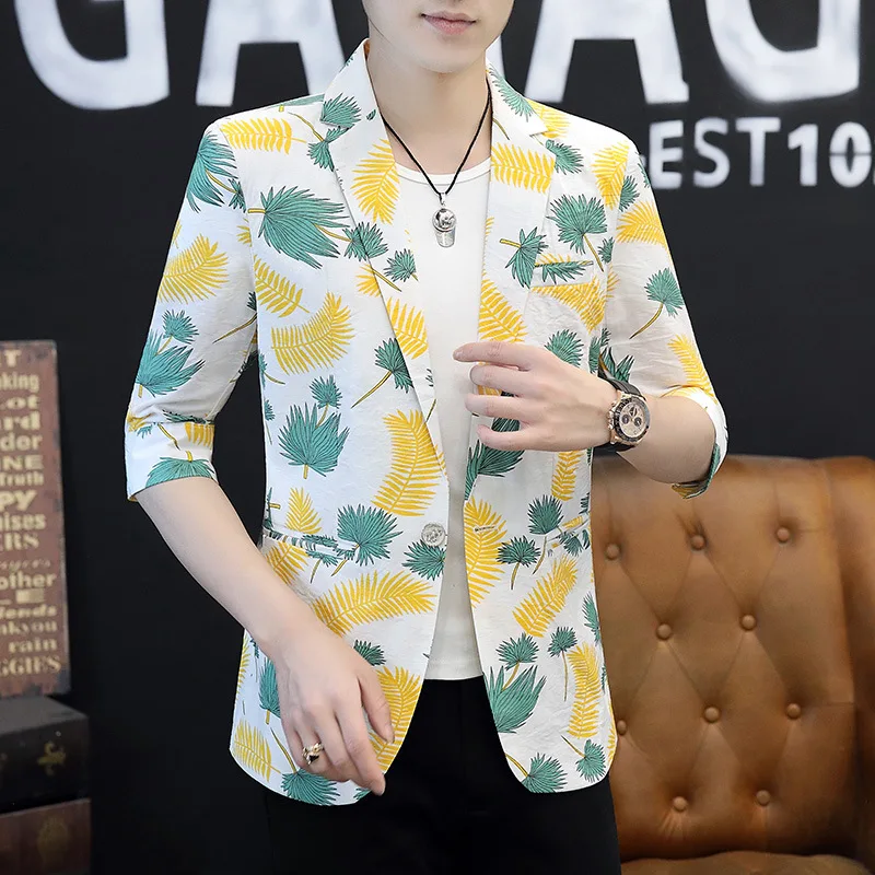 

COO 2023 Men's Summer Printed Leaves Half Sleeve Thin blazer Teenagers Slim Fit Leisure blazers