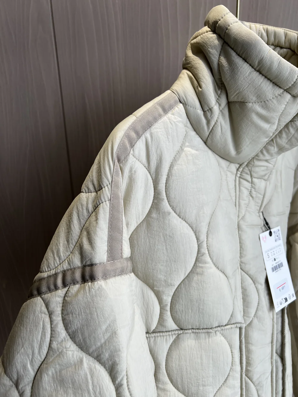 Quilted coat for women ETJ 2024traf QUILTED JACKET WITH TIES new beige drawstring high neck pocket clip cotton jacket for women 3
