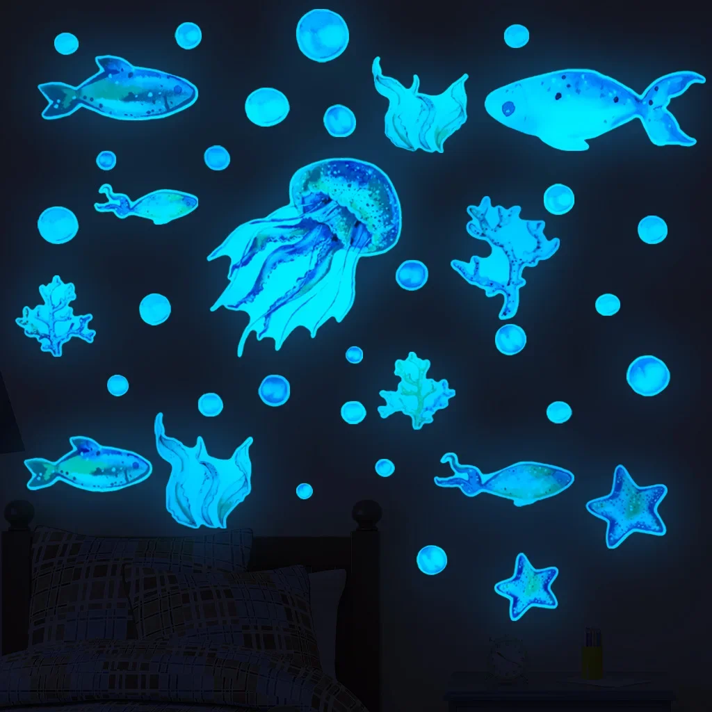 

Blue Fish Luminous Wall Stickers Glow In The Dark Underwater World Wall Decals For Baby Kids Rooms Nursery Bedroom Home Decor