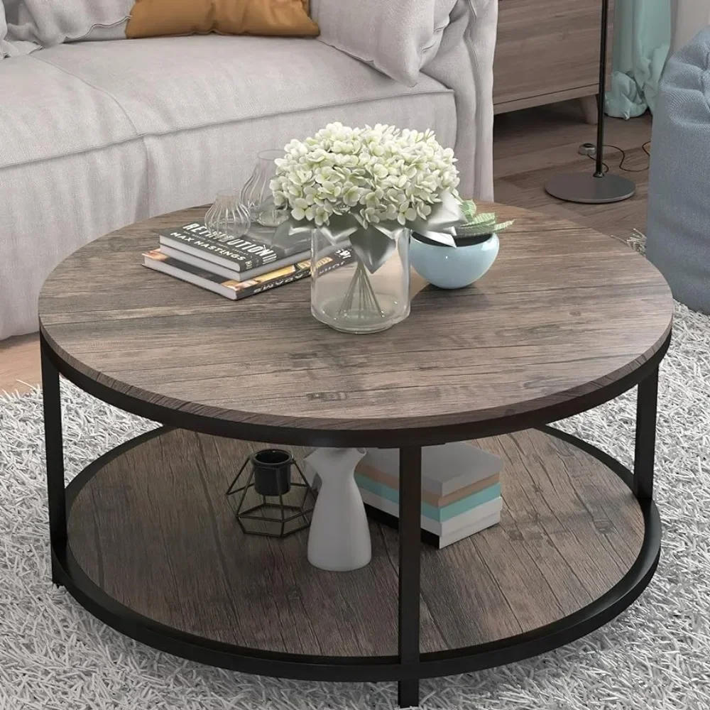 

36” Coffee Table for Living Room 2-Tier Wood Desktop & Sturdy Metal Legs Table Home Furniture With Storage Shelf (Walnut) Tables