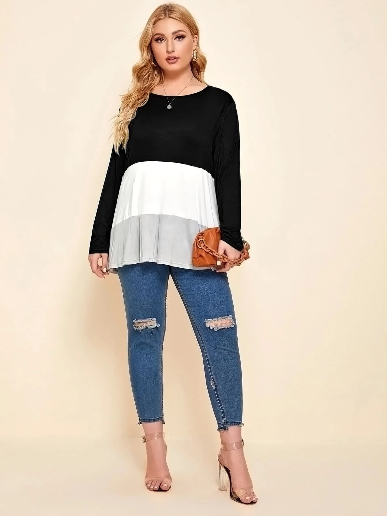 Finjani Colorblock Tee Women's Plus Size Long Sleeve Crew-Neck Loose Spliced Tops