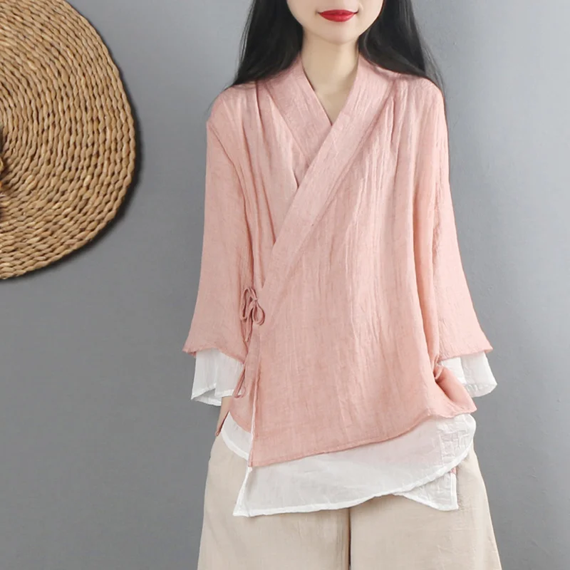 Chinese Style Ethnic Harajuku Zen Tops Clothes Women Cotton Linen Solid Vintage Tang Suit V Neck Loose Spring Blouse Thin Hanfu women chinese shirt