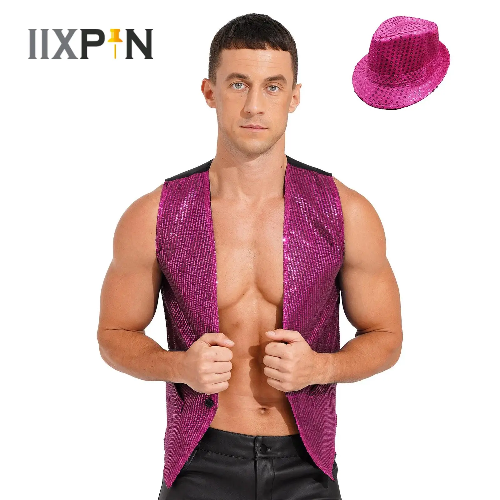 

Mens Womens Jazz Dance Party Clubwear Shiny Sequined Vest Button Sleeveless Waistcoat with Hat for Stage Performance Streetwear