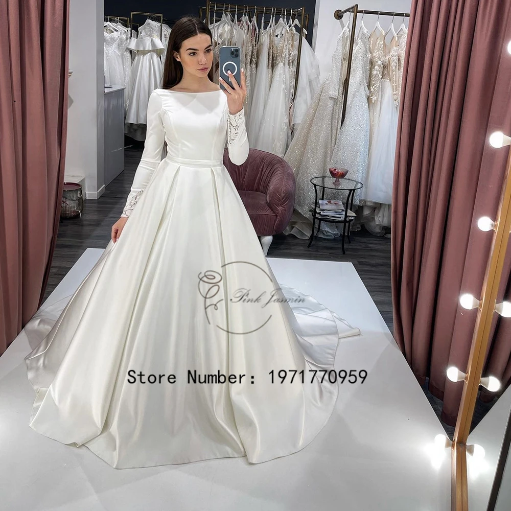White Simple Boat Neck Wedding Dresses For Women 2023 New Glitter Applique Elegant Lace Bridal Gowns With Satin Vestido De Novia 3