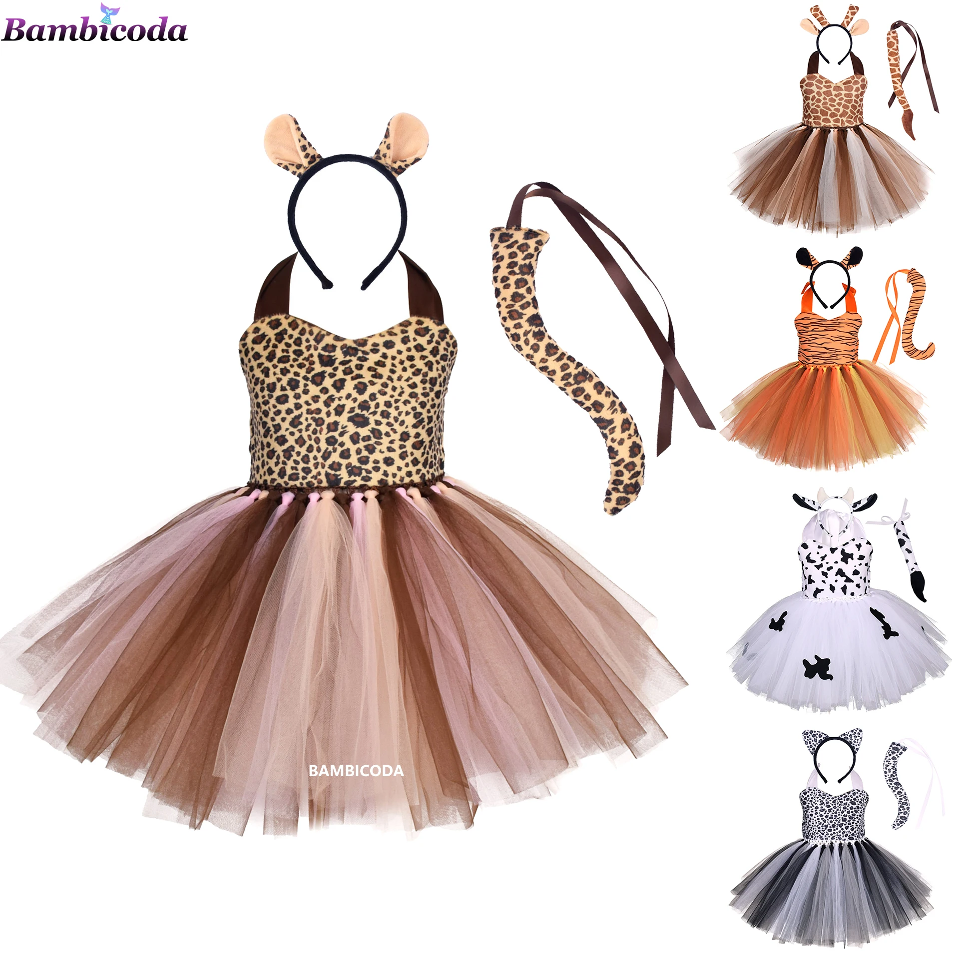 

Halloween Leopard Cartoon Costumes for Children Forest Theme Cows Tiger Giraffe Leopard Zebra Tutu Dresses Performance Dance Set