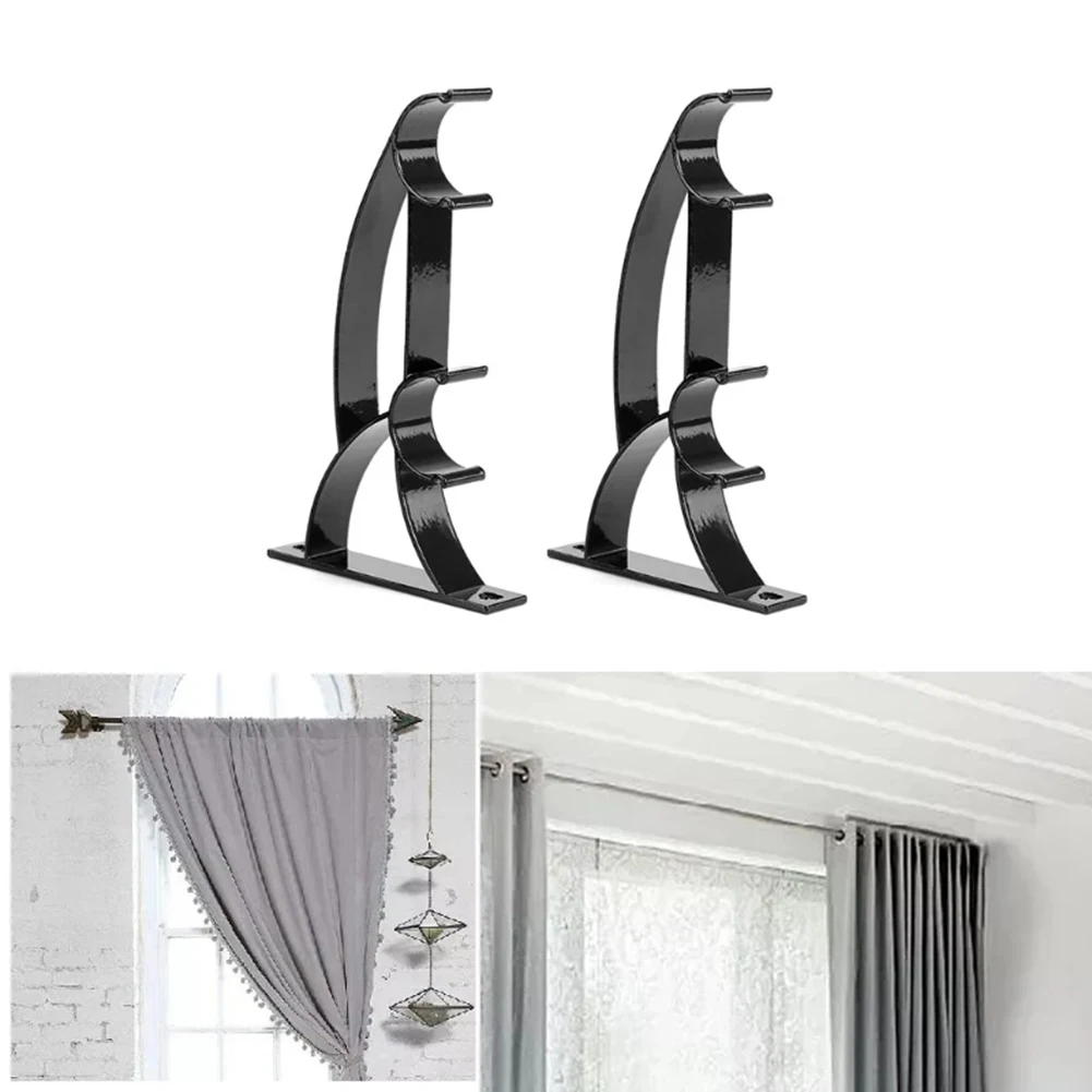 2 Pcs Hanging Curtain Hanging Rod Clamp Hooks Burtain Pole Bracket Double Rod Holder Rack Heavy Duty Metal Durable Base