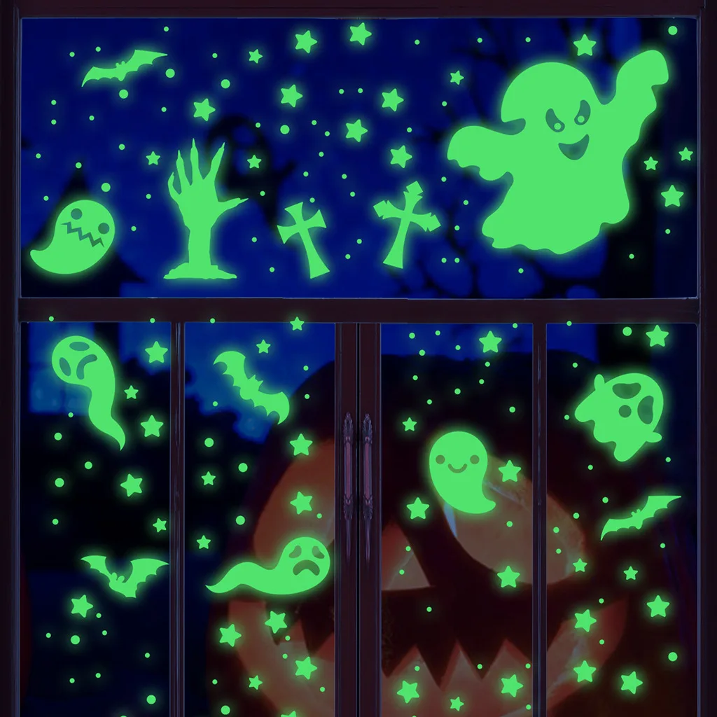 

Halloween Weird Moon Sticker Green Luminous Stars Bloody Handprint Wall Decor Ghost Spooky Window Cling,Halloween Party Supplies