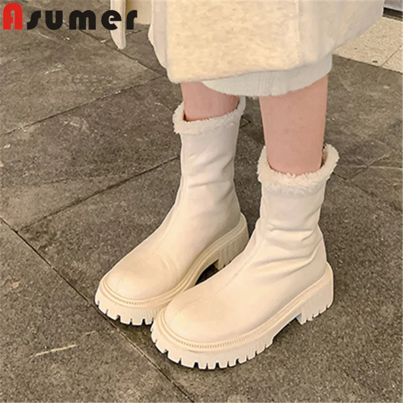 

ASUMER 2024 New Ladies Zipper Plush Ankle Boots Winter Square Med Heels Shoes Platform Sheepskin Women Boots